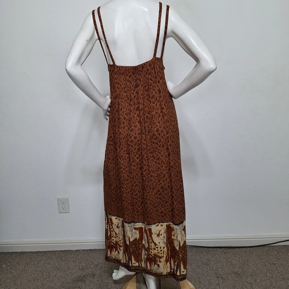 Brown Giraffe Animal Print Linen Boho Bohemian W/Pocket Sleeveless Maxi Dress - Picture 6 of 8